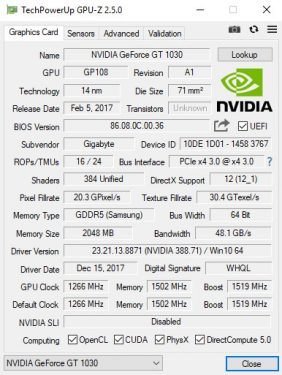 Overclocking NVIDIA GeForce GT 1030 : Galax / Gigabyte / MSI 10 Gigabyte GT1030 Clock DEF
