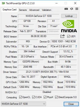 Overclocking NVIDIA GeForce GT 1030 : Galax / Gigabyte / MSI 15 MSI GT1030 Clock DEF